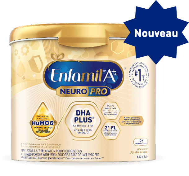 Voici Enfamil A+<sup>®</sup> NeuroPro<sup>MC</sup>. Notre préparation se rapprochant le plus du lait maternel à ce jour.